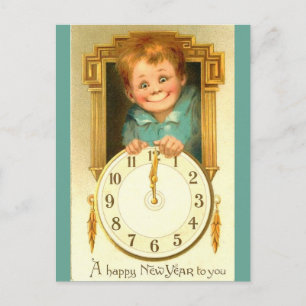 Vintage 1900 New Year Cute Boy & Gold Clock Image Holiday Postcard