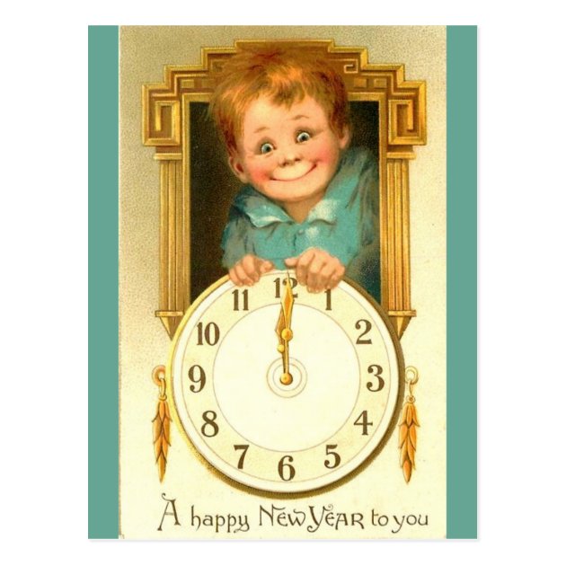 Vintage 1900 New Year Cute Boy & Gold Clock Image Postcard