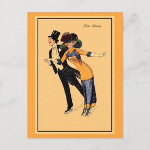 Vintage 1900s roller skating, restored illustrated postcard