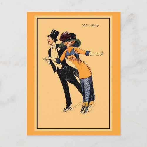 Vintage 1900s roller skating restored illustrated postcard