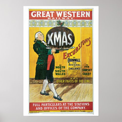 Vintage 1903 British Christmas train travel ad Poster