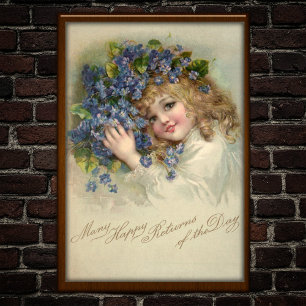 Vintage 1904 Girl Violets Birthday Poster Art