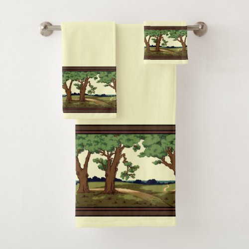 Vintage 1905 Arts And Crafts Style Oak Landscape Bath Towel Set