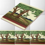 Vintage 1905 Arts And Crafts Style Oak Landscape Ceramic Tile<br><div class="desc">This is a digitally enhanced print derived from a vintage 1900 - 1905 landscape frieze featuring a flat meadow with hills in far distance and a pair of oak trees in foreground. You can customize the background color.</div>