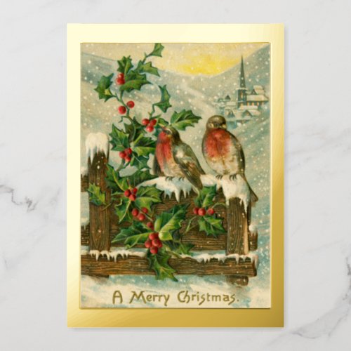 Vintage 1906 Birds in Snow Christmas Gold Foil Holiday Card