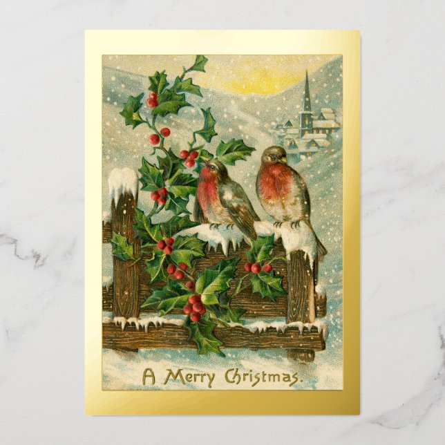 Vintage 1906 Birds in Snow Christmas Gold Foil Holiday Card (Front)