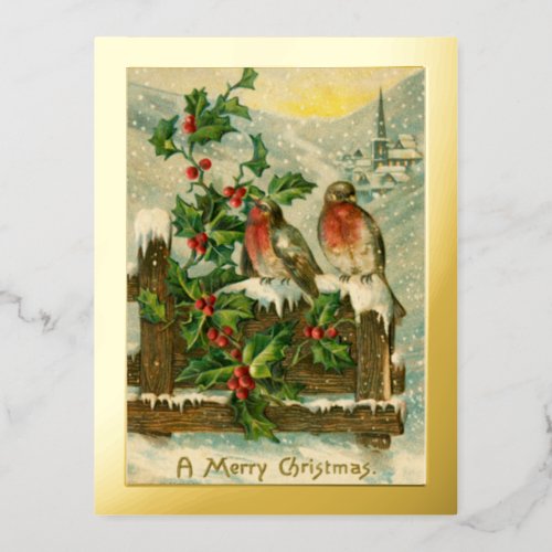 Vintage 1906 Birds in Snow Christmas Gold Foil Holiday Postcard