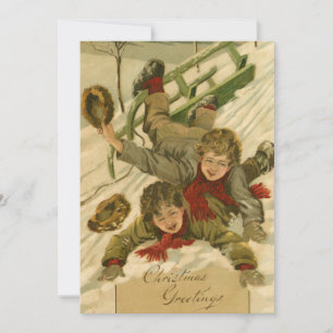 Vintage 1906 Boys Sledding in Snow Christmas Card
