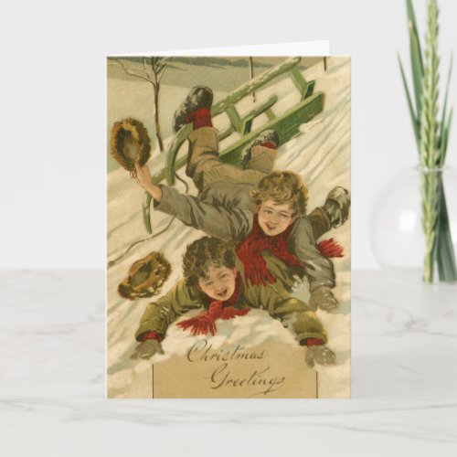 Vintage 1906 Boys Sledding in Snow Christmas Card