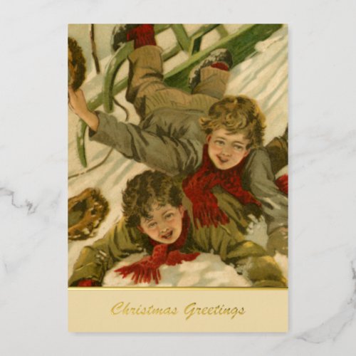 Vintage 1906 Boys Sledding in Snow Christmas Gold Foil Holiday Card