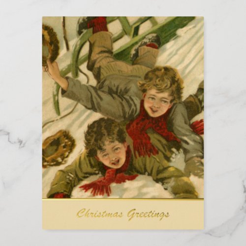 Vintage 1906 Boys Sledding in Snow Christmas Gold Foil Holiday Postcard