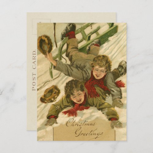 Vintage 1906 Boys Sledding in Snow Christmas Holiday Postcard