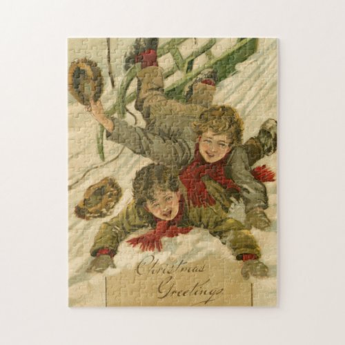 Vintage 1906 Boys Sledding in Snow Christmas Jigsaw Puzzle