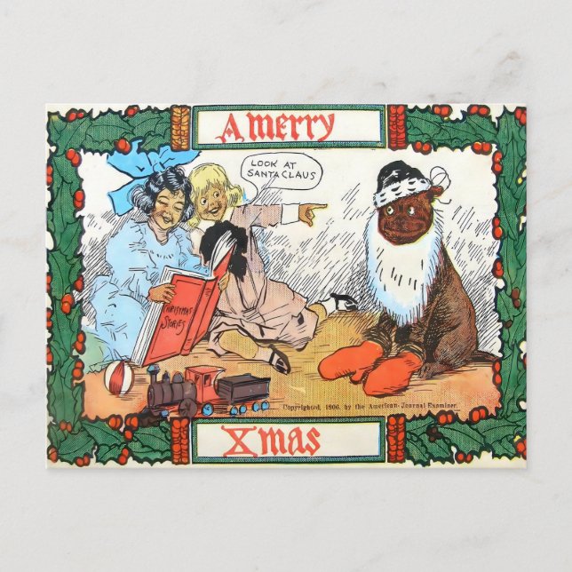 Vintage 1906 Christmas Santa Dog & Kids Postcard (Front)