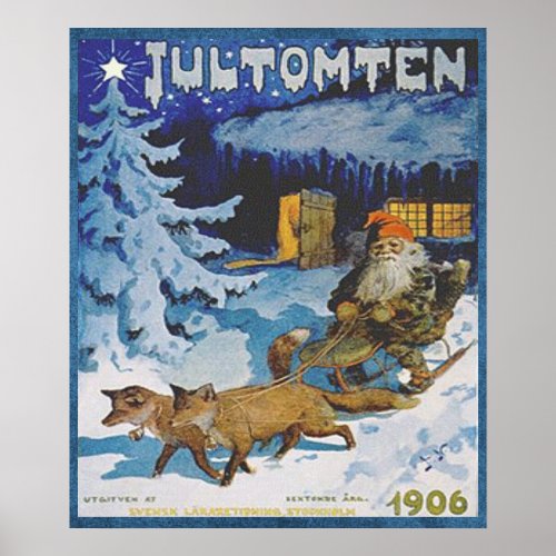 Vintage 1906 Scandinavian Jultomten in Sleigh Poster