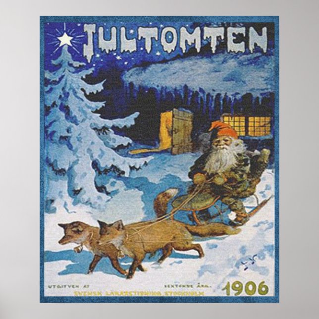 Vintage 1906 Scandinavian Jultomten in Sleigh Poster (Front)