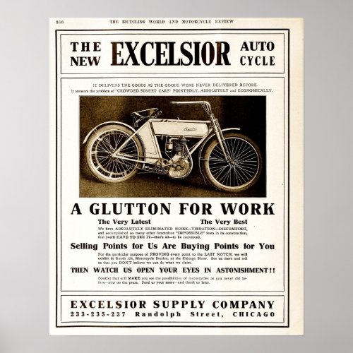 Vintage 1907 Excelsior motorycles advertising Poster