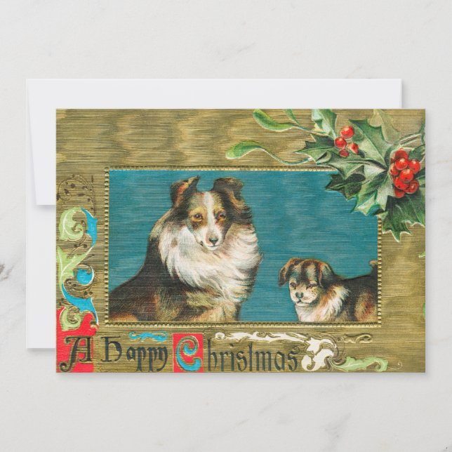 Vintage 1908 Collie Dogs Gold Happy Christmas Card (Front)