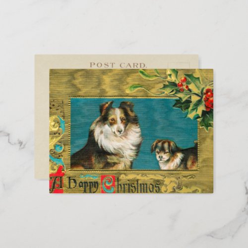 Vintage 1908 Collie Dogs Gold Happy Christmas Gold Foil Holiday Postcard