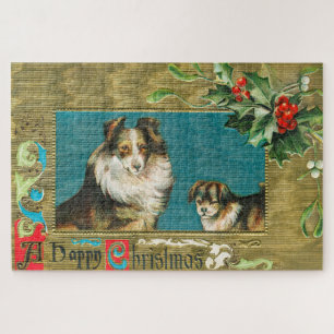 Vintage 1908 Collie Dogs Gold Happy Christmas Jigsaw Puzzle