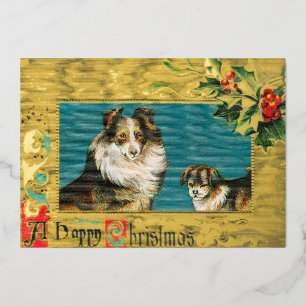 Vintage 1908 Collie Dogs Happy Christmas Gold Foil Holiday Card
