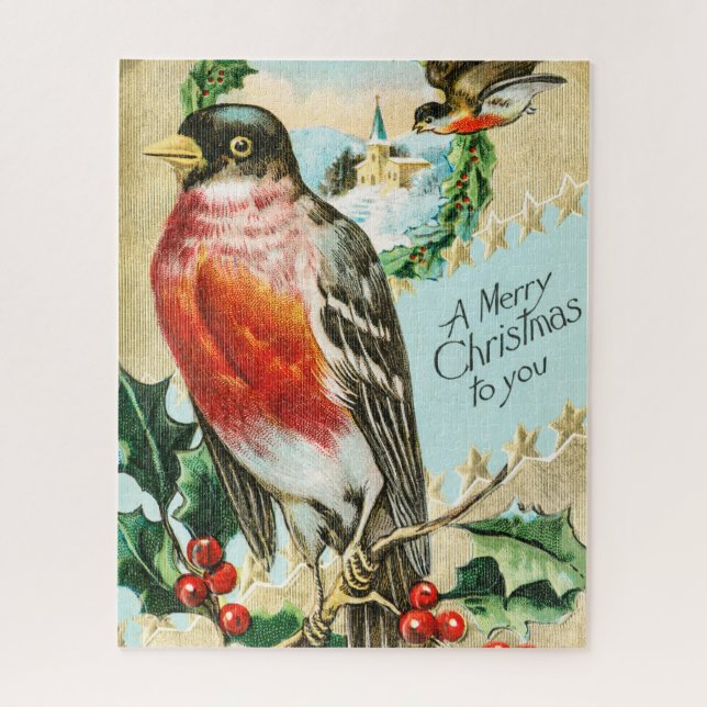 Vintage 1908 Robin Bird Merry Christmas Jigsaw Puzzle (Vertical)