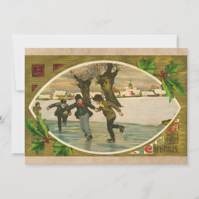 Vintage 1909 Boys Ice Skating Gold Christmas Card (Front)