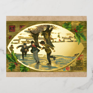 Vintage 1909 Boys Ice Skating Gold Christmas Gold Foil Holiday Postcard