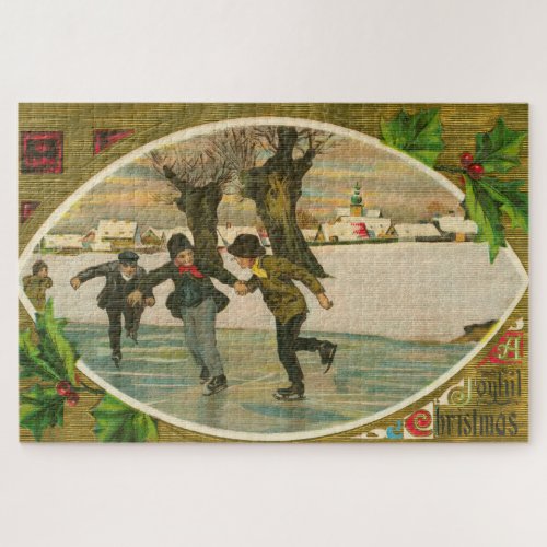 Vintage 1909 Boys Ice Skating Gold Christmas Jigsaw Puzzle
