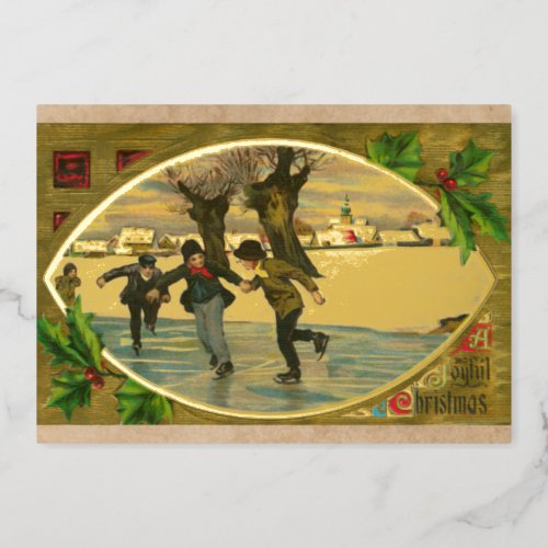 Vintage 1909 Boys Ice Skating Gold Foil Holiday Card