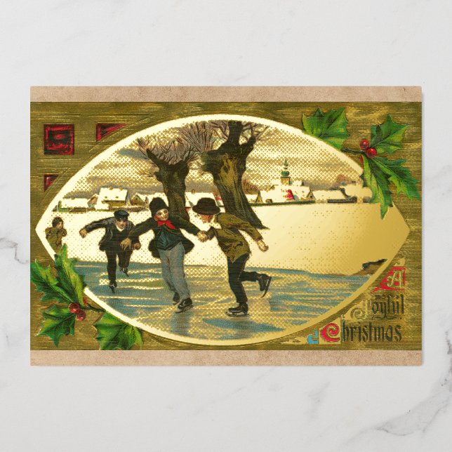 Vintage 1909 Boys Ice Skating Gold Foil Holiday Card (Front)