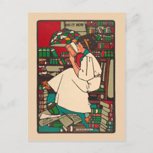 Vintage 1909 woman reading surrounded by books postcard