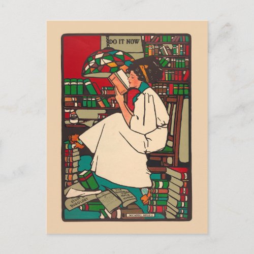 Vintage 1909 woman reading surrounded by books postcard