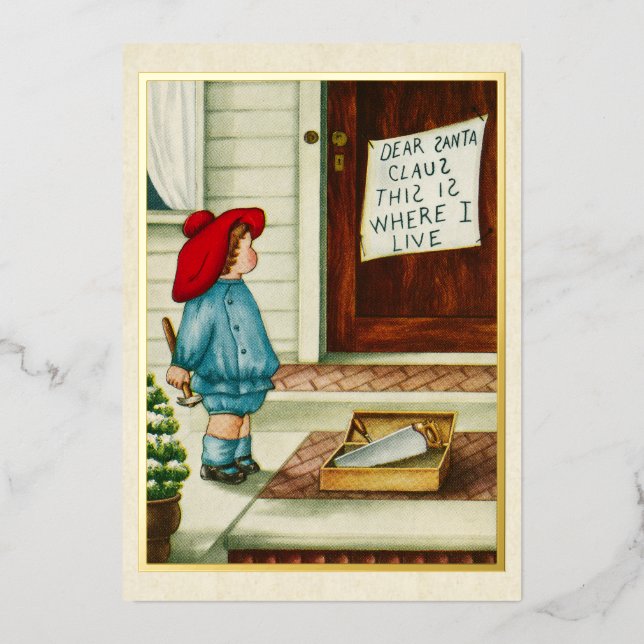 Vintage 1910s Child with Santa Claus Letter Gold Foil Holiday Card (Front)