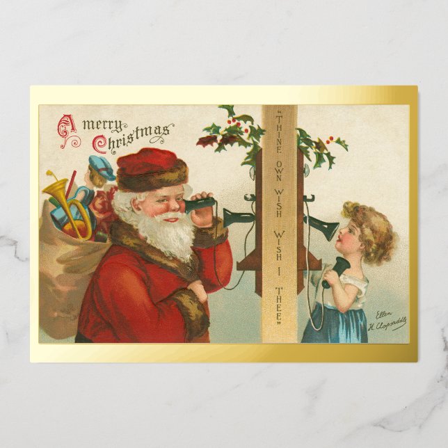 Vintage 1910s Little Girl Calling Santa Christmas Foil Holiday Card (Front)