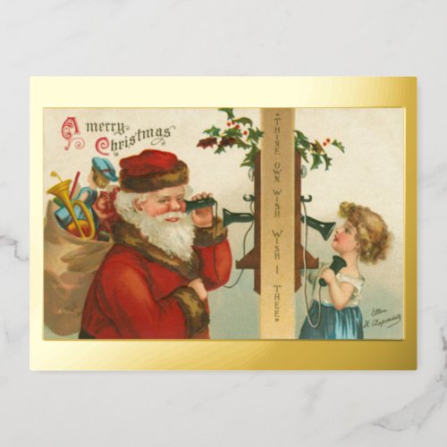 Vintage 1910s Little Girl Calling Santa Christmas Foil Holiday Postcard