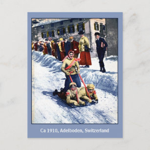 Vintage 1910s winter sports sled race Alps Postcard