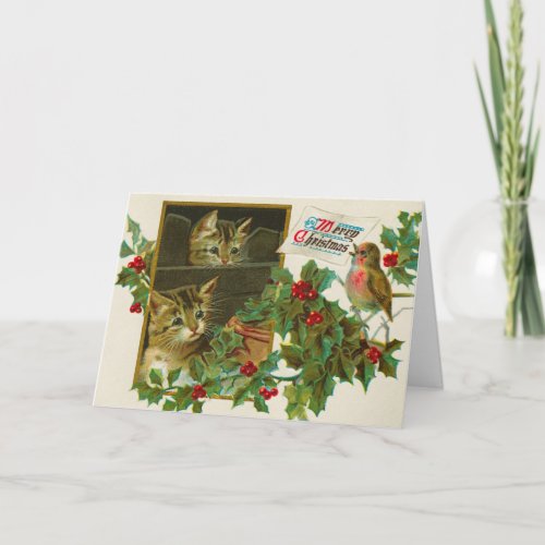 Vintage 1911 Cats with Bird Merry Christmas Card