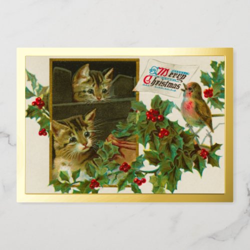 Vintage 1911 Cats with Bird Merry Christmas Gold Foil Holiday Card