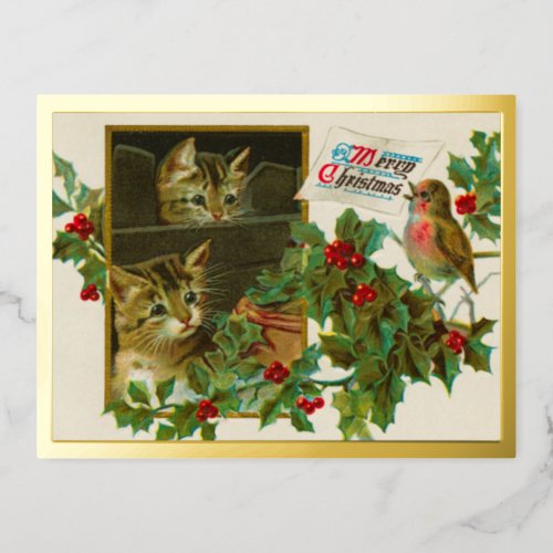 Vintage 1911 Cats with Bird Merry Christmas Gold Foil Holiday Postcard