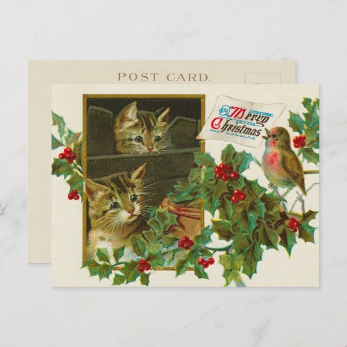 Vintage 1911 Cats with Bird Merry Christmas Holiday Postcard