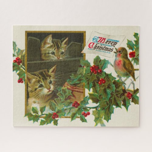 Vintage 1911 Cats with Bird Merry Christmas Jigsaw Puzzle