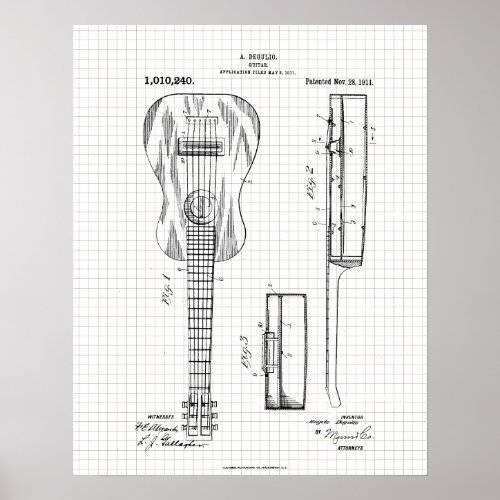 Vintage 1911 Guitar Patent Illustration Poster