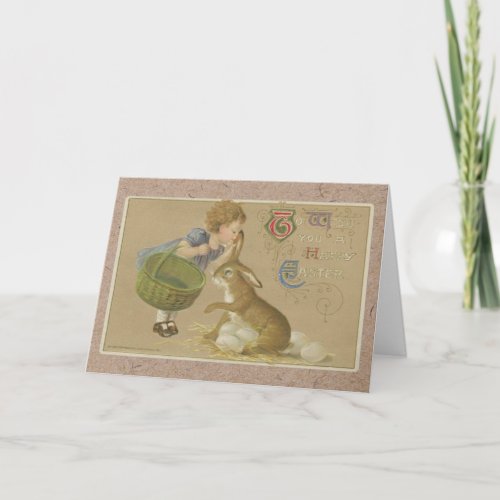 Vintage 1911 Happy Easter Bunny and Girl Card