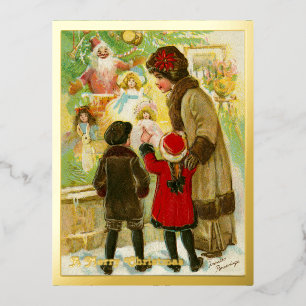 Vintage 1912 Mother & Child Merry Christmas Gold Foil Holiday Postcard