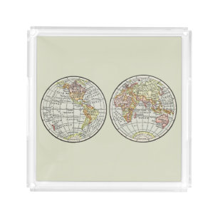 Vintage 1916 World Map Globe Hemispheres Poster Acrylic Tray