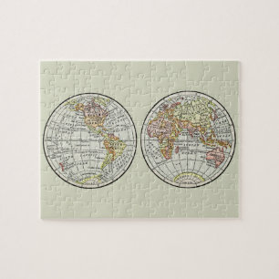 Vintage 1916 World Map Globe Hemispheres Poster Jigsaw Puzzle