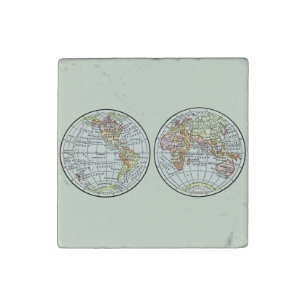 Vintage 1916 World Map Globe Hemispheres Poster Stone Magnet