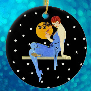 Vintage 1920’s Flapper Lady Moon Stars Red Hair Ceramic Ornament