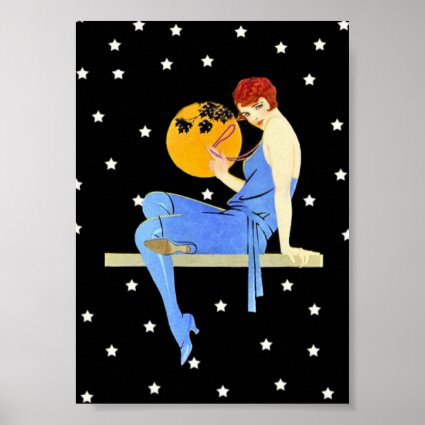 Vintage 1920’s Flapper Lady Moon Stars Red Hair Poster
